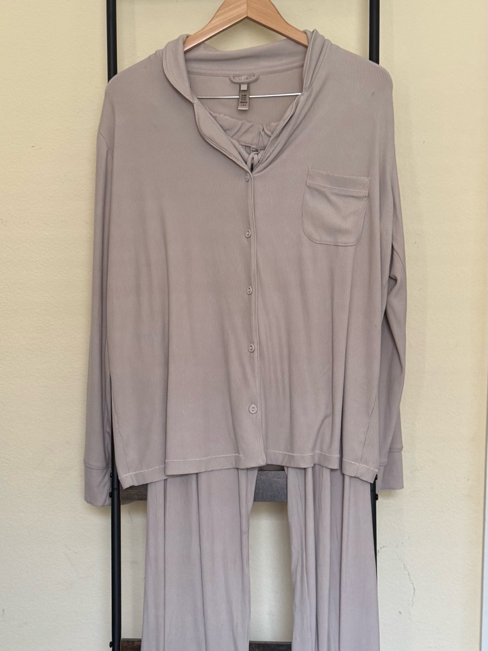 Skims Taupe Gray Soft Ribbed Lounge Sleep Pajama Set - Size Large